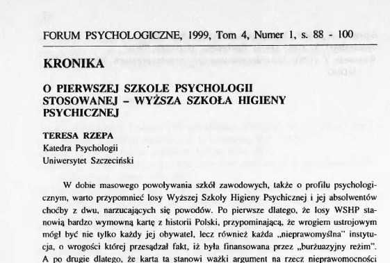 O pierwszej szkole psychologii stosowanej – Wyższa Szkoła Higieny Psychicznej, Teresa Rzepa – artykuł